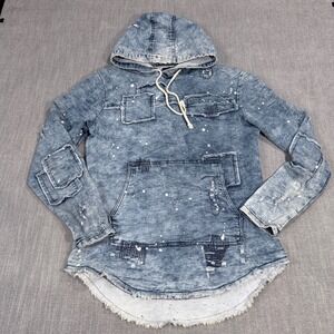 Imperious Mens Medium Acid Wash Distressed Paint Splatter Hoodie Streetwear Blue